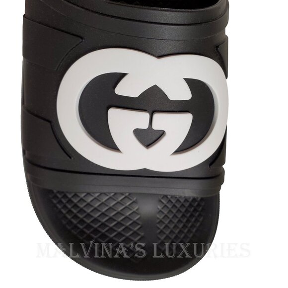 GUCCI SHOES MEN WHITE INTERLOCKING G LOGO BLACK RUBBER SLIDES sz 9 / 9.5 - Picture 7 of 15